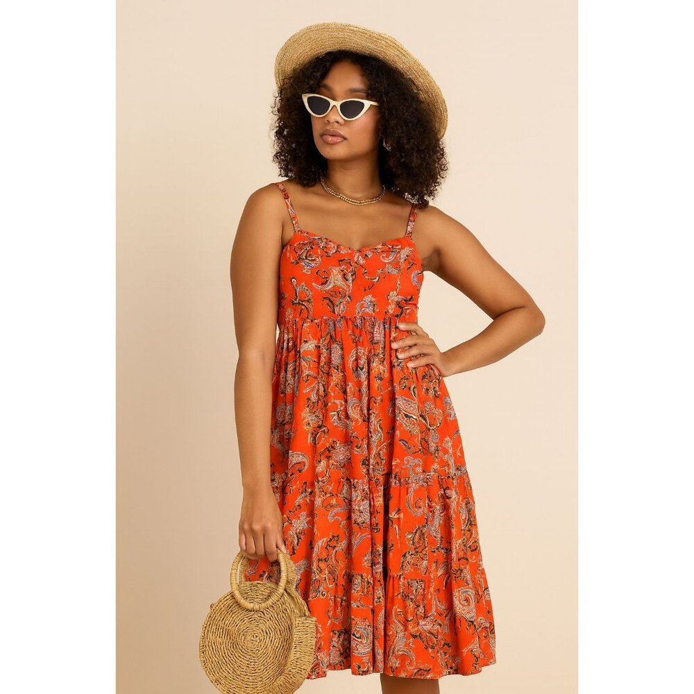 INC Size 10 International Concept Midi  Lined Orange Floral Tiered Dress